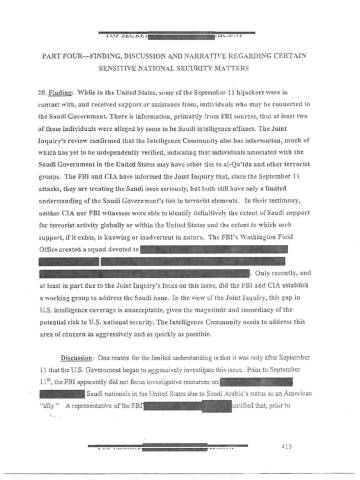 The first page of the declassified 28 pages on Saudi government links to 9/11